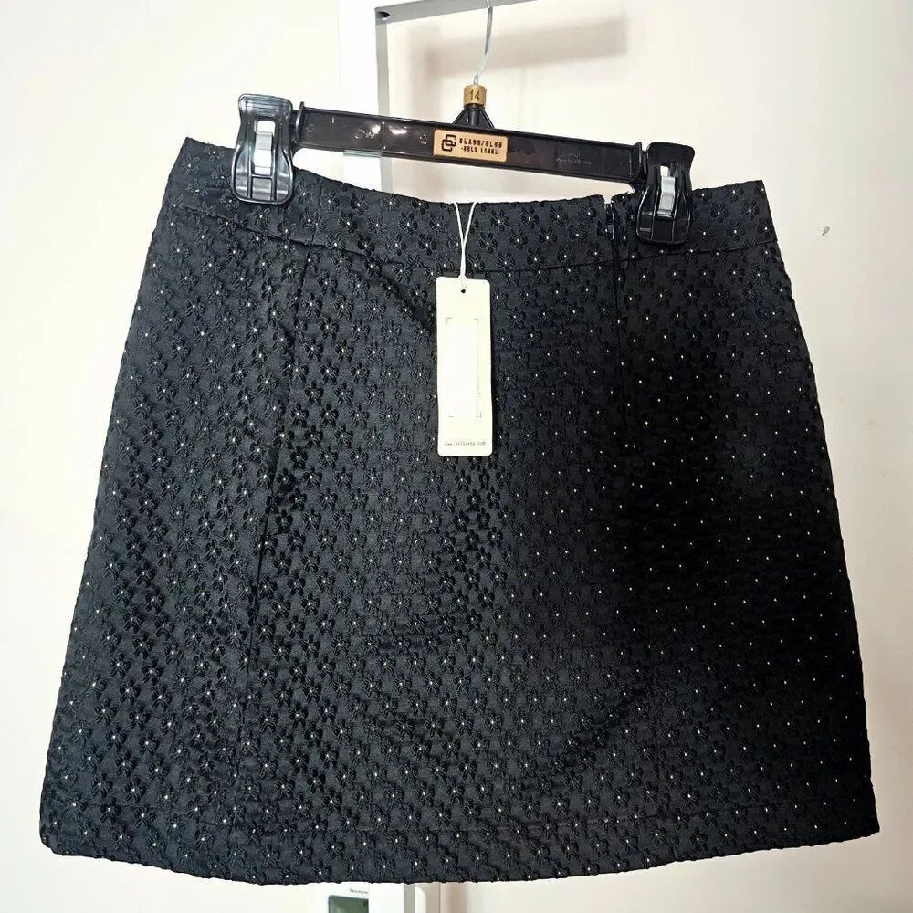 NWT Girls Black Gold Polka Dot Flower Applique Mini Skirt Size 12